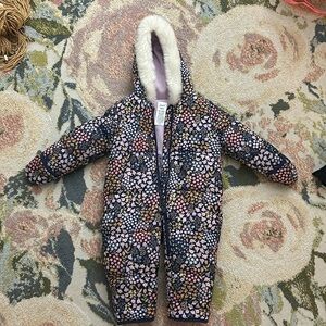 Carter's Snowsuit Baby 18 Month Floral Full Zip Faux Fur Blue Pink Easy On